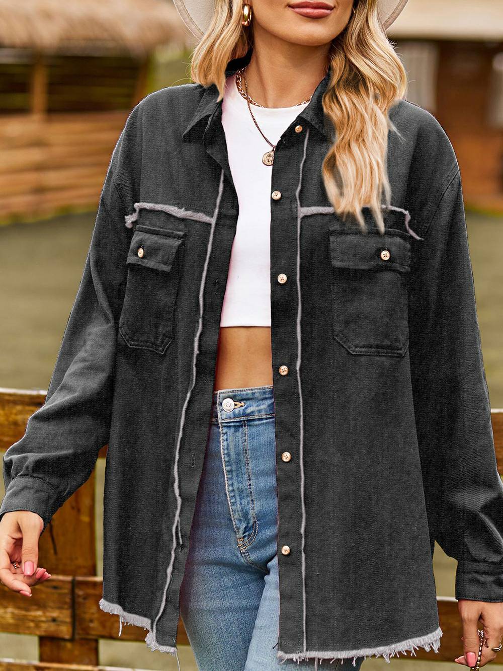 Black Fringe Denim Shirt