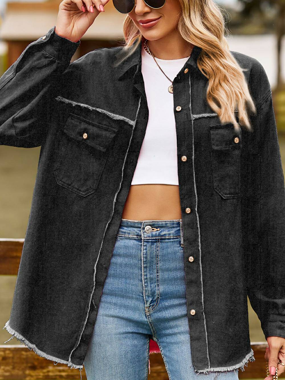 Black Fringe Denim Shirt