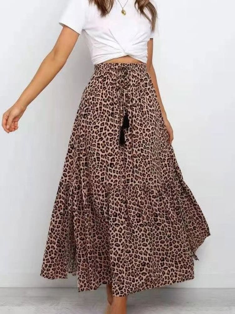 Mocha Leopard-Patterned Maxi Skirt