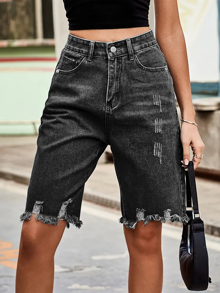 Faded Fringe Denim Shorts