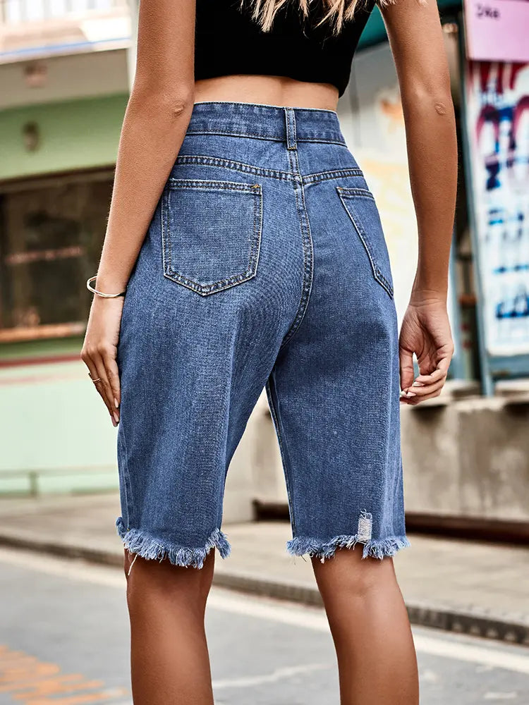 Faded Fringe Denim Shorts