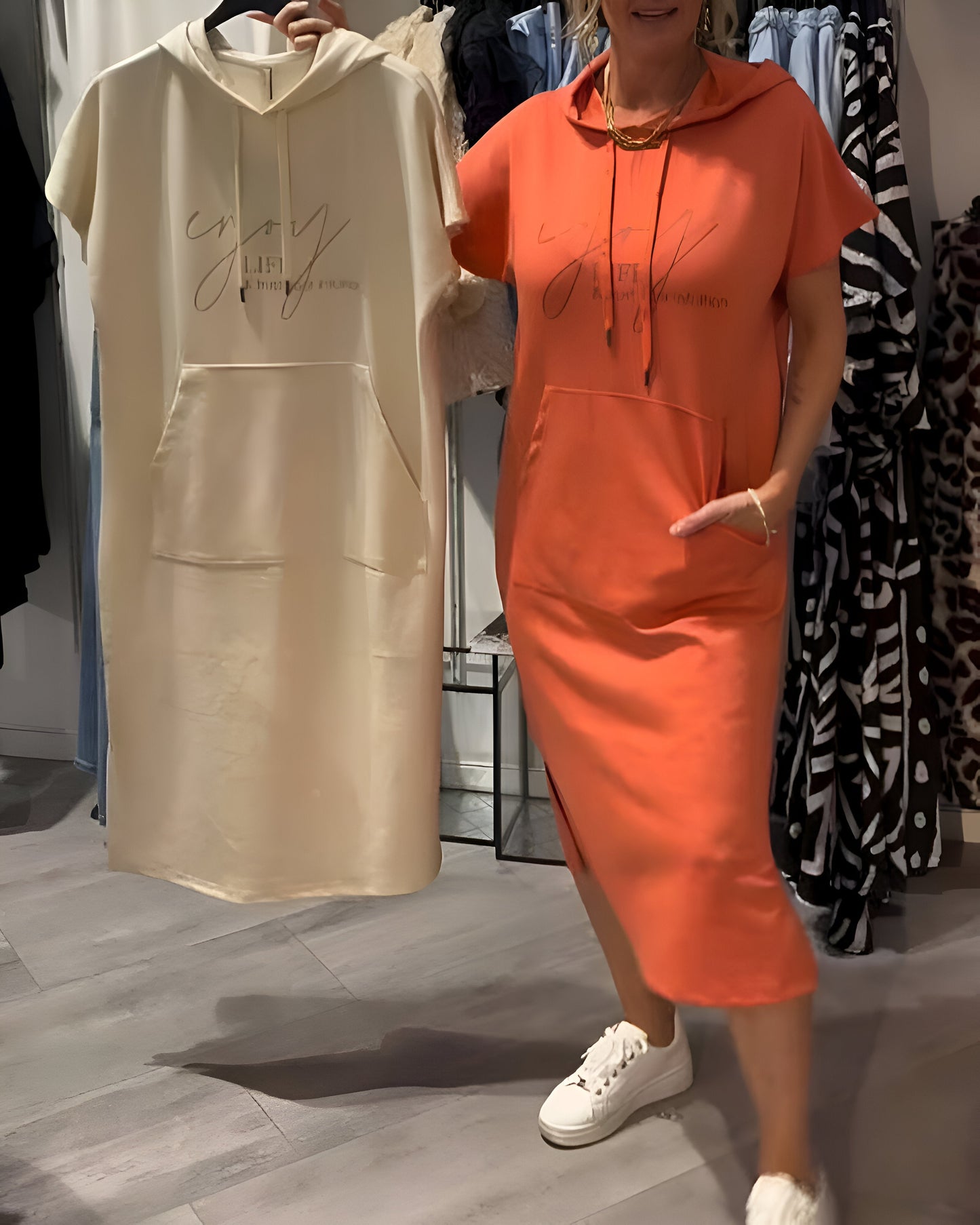 Joanne Relaxed Hooded Dress with a Feminine Fit