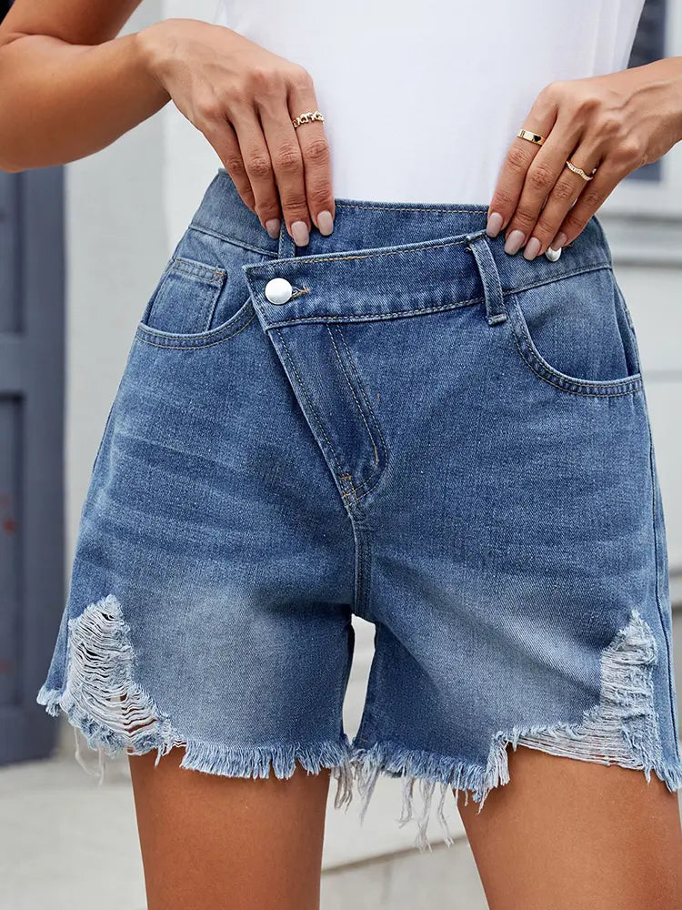 Asymmetric Fringe Denim Shorts