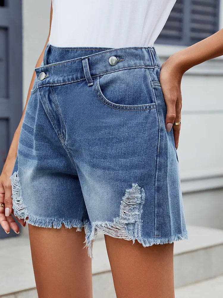 Asymmetric Fringe Denim Shorts